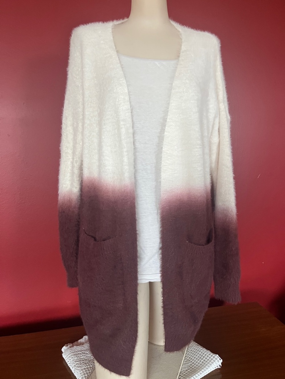 New Listiclew Cream to Plum Ombre Fuzzy Open-Front Cardigan